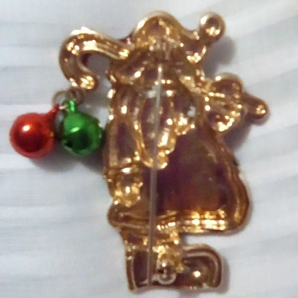 Vintage Santa Carrying a Candy Cane with Ringing Bells Red Enamel Gold Tone Pin+